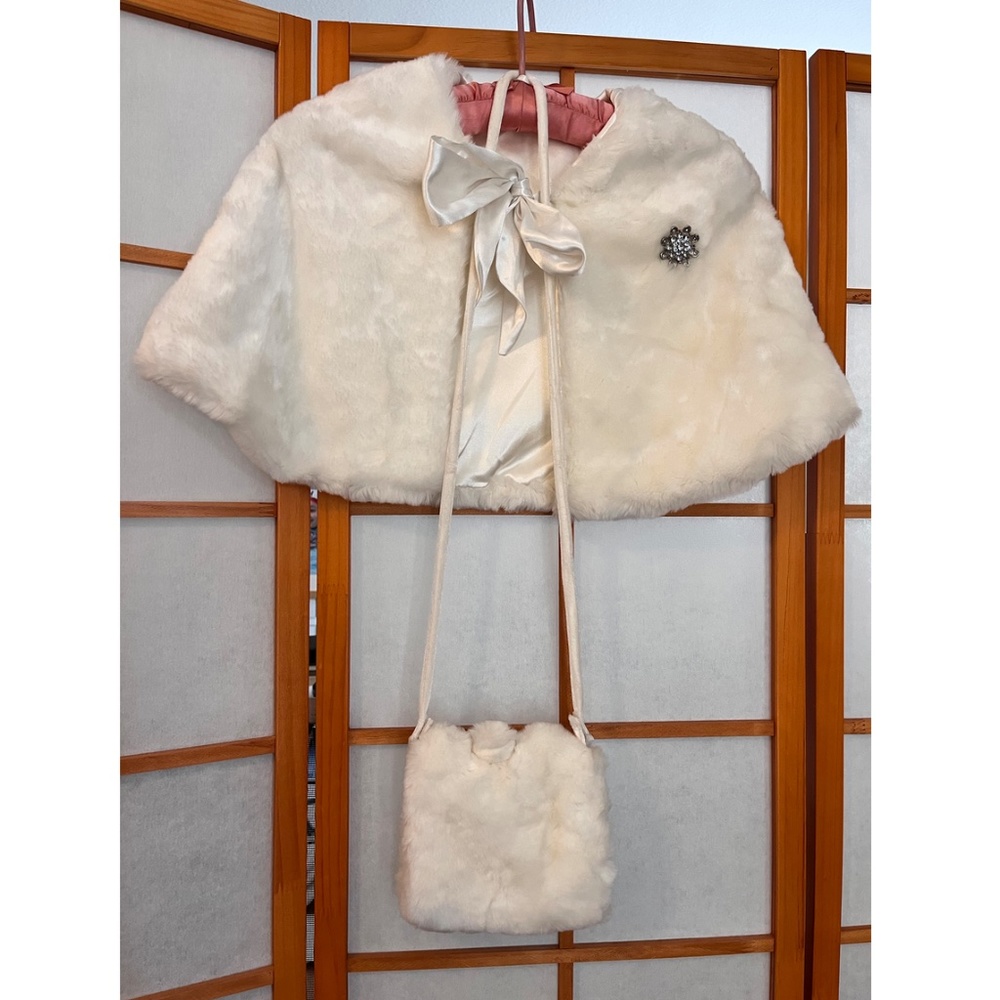 Girl's white cape with matching handwarmer muff/purse